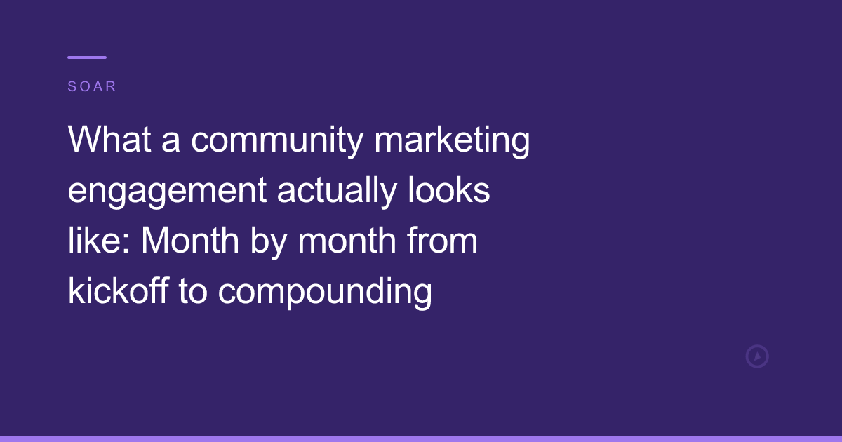 Month-by-month timeline of a community marketing engagement from kickoff through compounding
